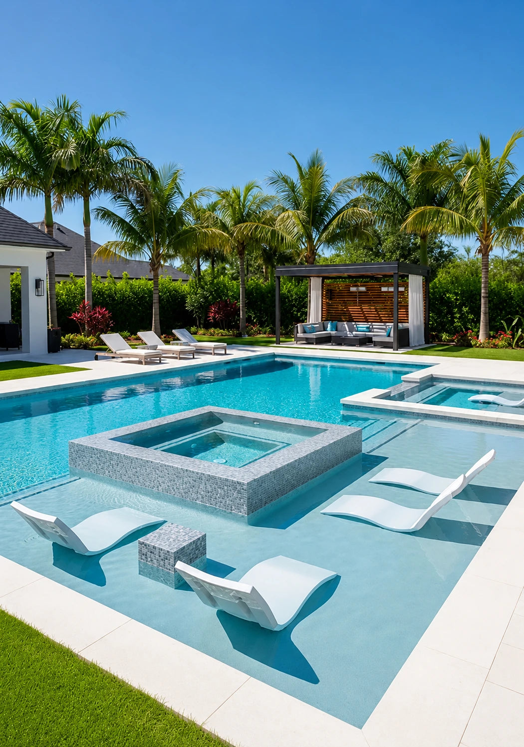 Piscina moderna con tumbonas y spa exterior — imagen principal de Nevora360, tienda online de productos y accesorios para piscinas.