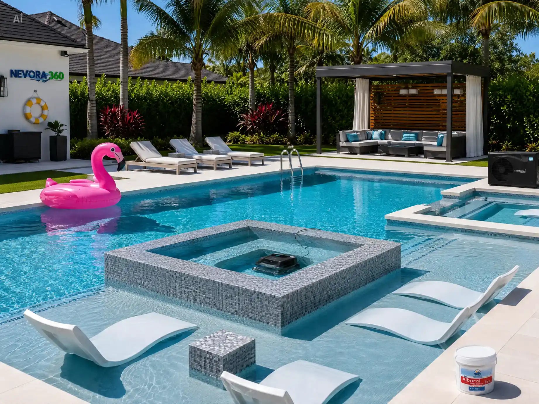 Piscina moderna con tumbonas, spa exterior, Robot Limpiafondos, escalera inox, bomba de calor, flotador y bote de cloro — imagen principal de Nevora360, tienda online de productos y accesorios para piscinas.