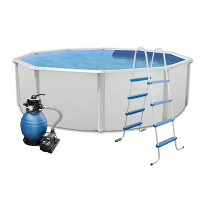 Piscina circular 460×120 con columnas reforzadas, depuradora de arena Monobloc 300, escalera de 8 peldaños y skimmer. Estructura resistente y liner anti‑UV. 