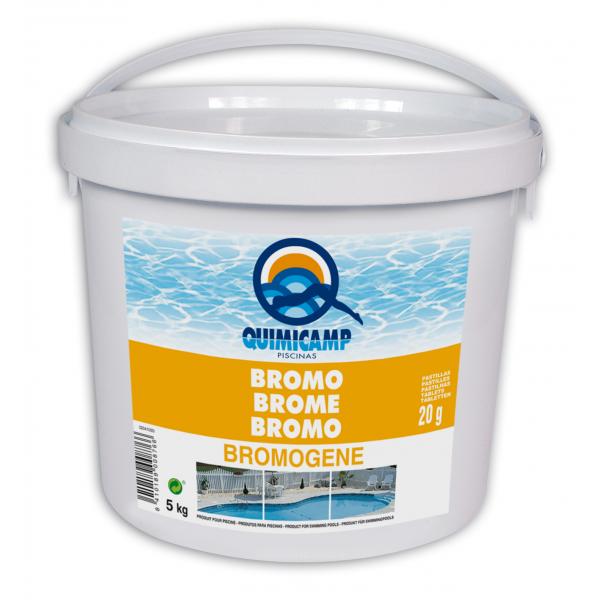 Bromogene Quimicamp. Pastillas de bromo 20 g para piscinas cubiertas y spas. Desinfección eficaz sin olores fuertes.