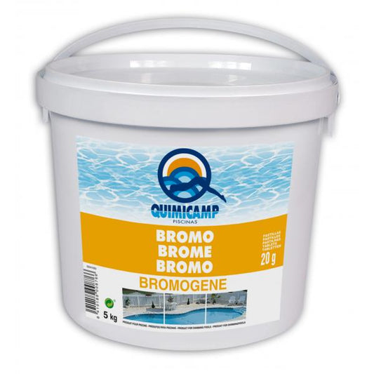 Bromogene Quimicamp. Pastillas de bromo 20 g para piscinas cubiertas y spas. Desinfección eficaz sin olores fuertes.