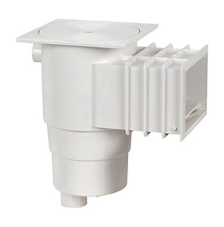 Skimmer estándar 200 mm QP para piscinas de hormigón. Material resistente, tapa cuadrada, salida Ø60 mm y rosca 1½”. Alta eficiencia en la recogida de residuos