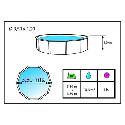 Piscina circular 350×120 con columnas reforzadas. Estructura resistente y fácil instalación. 
