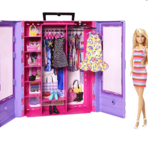 Barbie Fashionista Armario portátil para Ropa de muñeca, Incluye 3 Looks completos